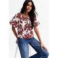 New Look White Printed Tie Front Puff Sleeve Top