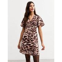 New Look Brown Animal Print Flutter Sleeve Mini Dress