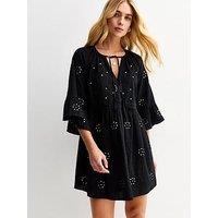 New Look Embellished Tie Neck Mini Smock Dress - Black