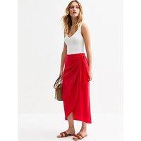 New Look Red Crinkled Wrap Midi Skirt