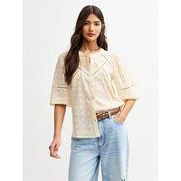 New Look Cream Shell Textured Ladder Stitch Crop Sleeve Blouse