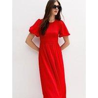 New Look Bright Red Crinkled Shirred Bodice Midi Dress