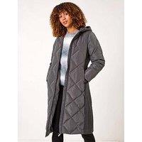 Roman Longline Diamond Quilt Hooded Coat - Grey