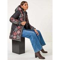 Roman Floral Print Quilted Hooded Coat - Black