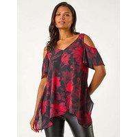Roman Floral Print Cold Shoulder Asymmetric Top - Red
