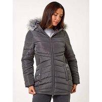 Roman Faux Fur Hooded Quilt Coat - Grey