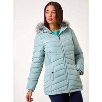 Roman Faux Fur Hooded Quilt Coat - Green