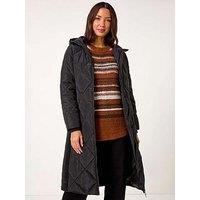 Roman Longline Diamond Quilt Hooded Coat - Black