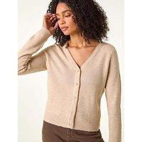 Roman Shimmer V-Neck Ribbed Cardigan - Beige