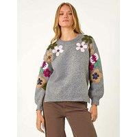 Roman Floral Embellished Jumper - Grey