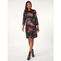 Roman Abstract Print Ponte Tab Detail Dress - Purple