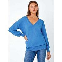 Roman Plain Stretch V-Neck Longline Jumper - Blue