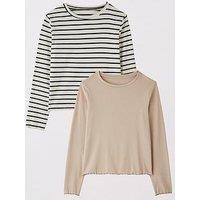 The Very Collection Girls Long Sleeve Rib T-Shirts - Beige Stripe