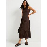 V By Very Asymmetric Textured Tiered Midaxi Dress - Brown