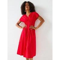 Mei Meij V-Neckline Pleated Midi Dress- Goji Berry