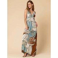 Roman Abstract Leaf Print V Neck Maxi Dress