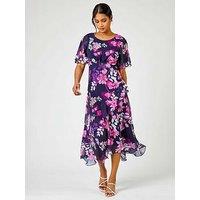 Roman Floral Chiffon Frill Asymmetric Midi Dress