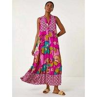 Roman Boho Floral Print Smock Maxi Dress