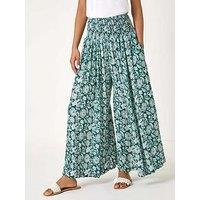 Roman Floral Leaf Shirred Palazzo Stretch Trouser