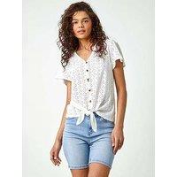 Roman V-Neck Broderie Stretch Jersey Tie Front Top - White