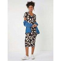 Roman Leaf Print Midi Stretch Dress