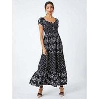 Roman Abstract Tie Detail Tiered Maxi Dress - Black