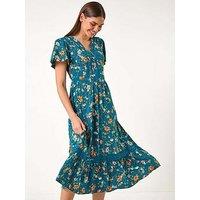 Roman Floral Lace Trim Pocket Midi Dress