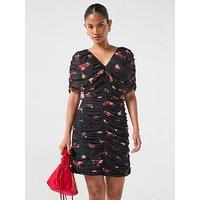 V By Very Ruched Floral Printed Mini Dress - Print