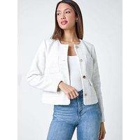 Roman Collarless Boucle Jacket - White