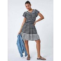Roman Zig Zag Border Print Shirred Dress