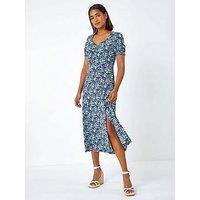 Roman Ditsy Floral Ruched Stretch Midi Dress