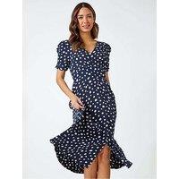 Roman Polka Dot Ruched Sleeve Midi Dress - Navy