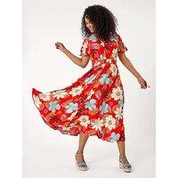 Roman Petite Floral Print Shirred Midi Dress
