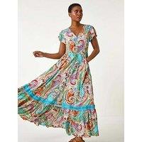 Roman Paisley Print Shirred Waist Maxi Dress