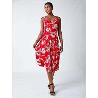 Roman Textured Floral Print Midi Stretch Dress