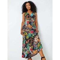 Roman Petite Sleeveless Tropical Maxi Stretch Dress - Black
