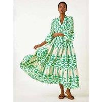 Roman Aztec Print Tiered Midi Smock Dress