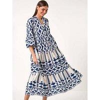 Roman Aztec Print Tiered Midi Smock Dress