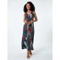 Roman Petite Leaf Print Stretch Maxi Dress