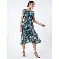 Roman Floral Frill Shirred Asymmetric Midi Dress