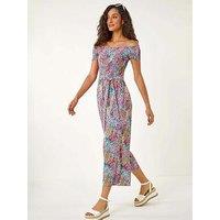 Roman Floral Shirred Stretch Bardot Jumpsuit