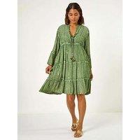 Roman Shimmer Tie Detail Smock Dress - Green
