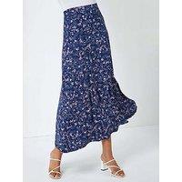 Roman Floral Print Elastic Waist Midi Stretch Skirt