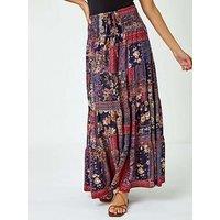 Roman Boho Floral Shirred Waist Maxi Skirt