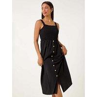 Roman Plain Shirred Button Detail Midi Dress - Black