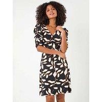Roman Ditsy Leaf Ruched Puff Sleeve Dress