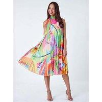 Roman Petite Tropical Halter Neck Pleated Dress - Orange