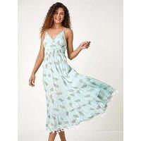 Roman Metallic Leaf Print Shirred Maxi Dress