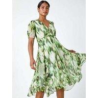 Roman Abstract Chiffon Hanky Hem Asymmetric Dress