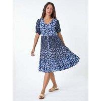 Roman Floral Cotton Blend Tiered Smock Dress